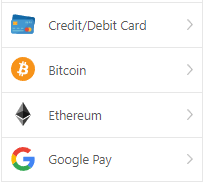 Credit, Debit, Bitcoin, Ethereum, Google Pay